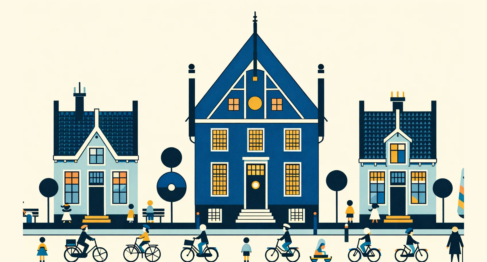 Illustratie van een Nederlandse schoolstraat met kinderen en ouders op de fiets